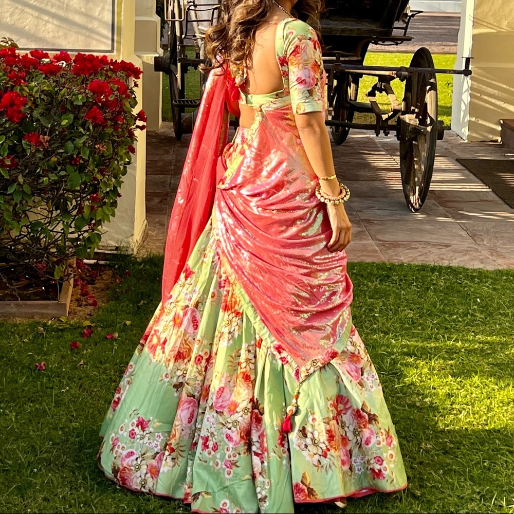Lehenga choli with sequins dupatta.